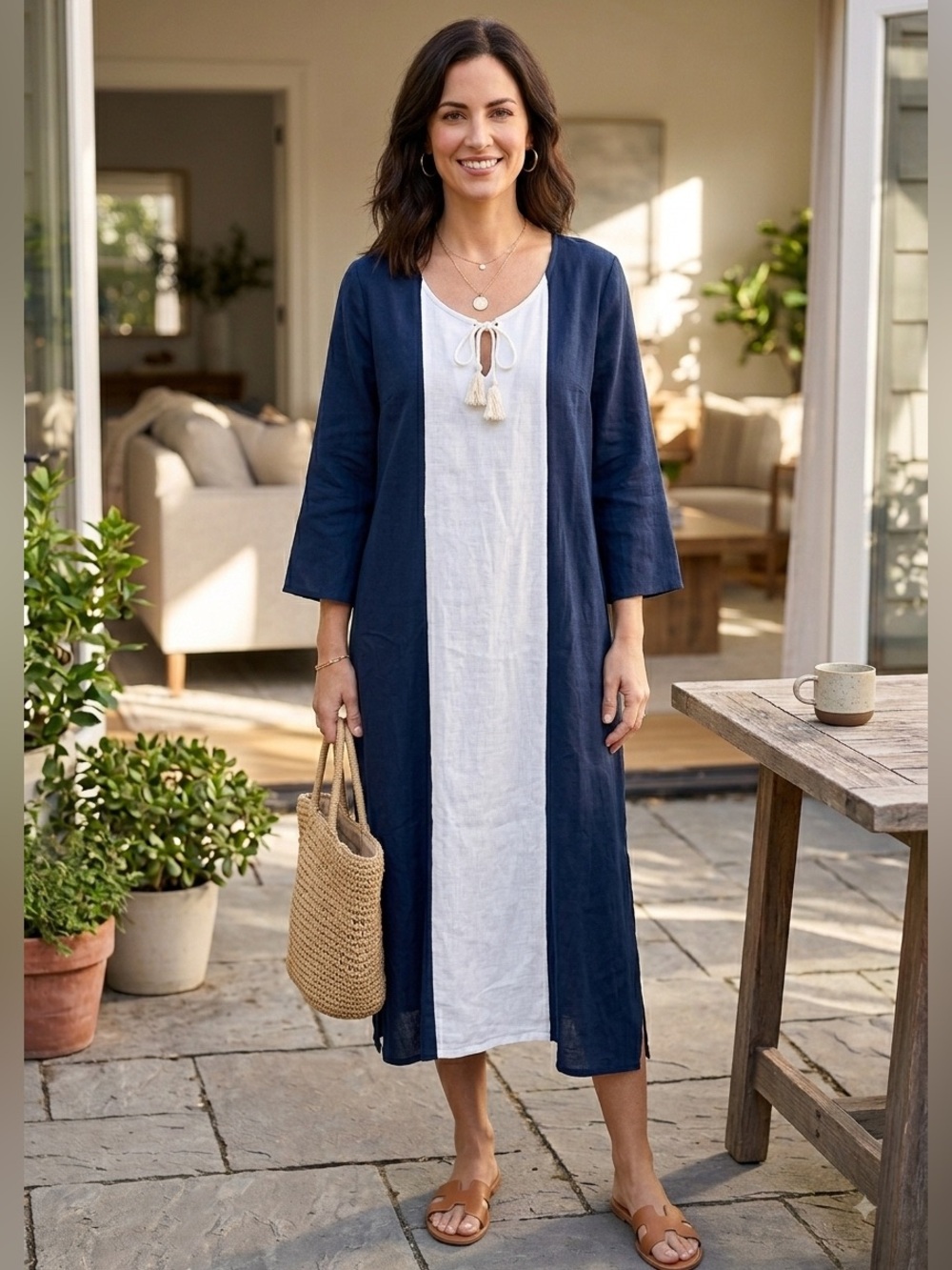 Sigird Olsen Linen Blend Navy and White Caftan Maxi Dress NWT